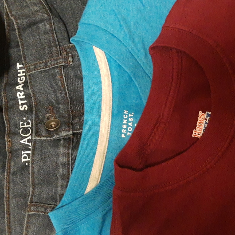 Tops + Bottoms Bundle: Boys Sz 18 Denim Jeans Pants + Men's Sz S LS, SS Tees